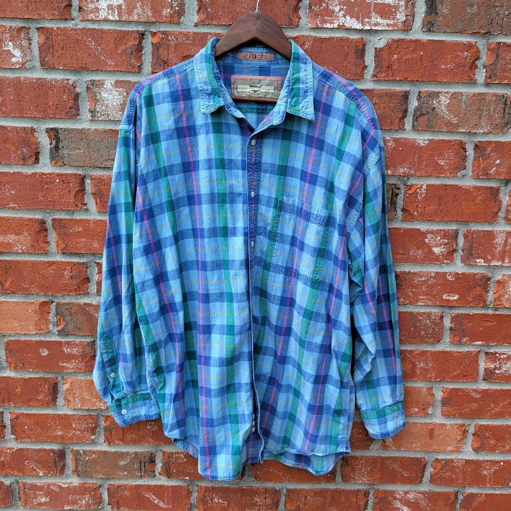 VTG 90's American Terrain Button Down Mens XL Blue Green Pink Plaid Long Sleeve - Picture 1 of 5